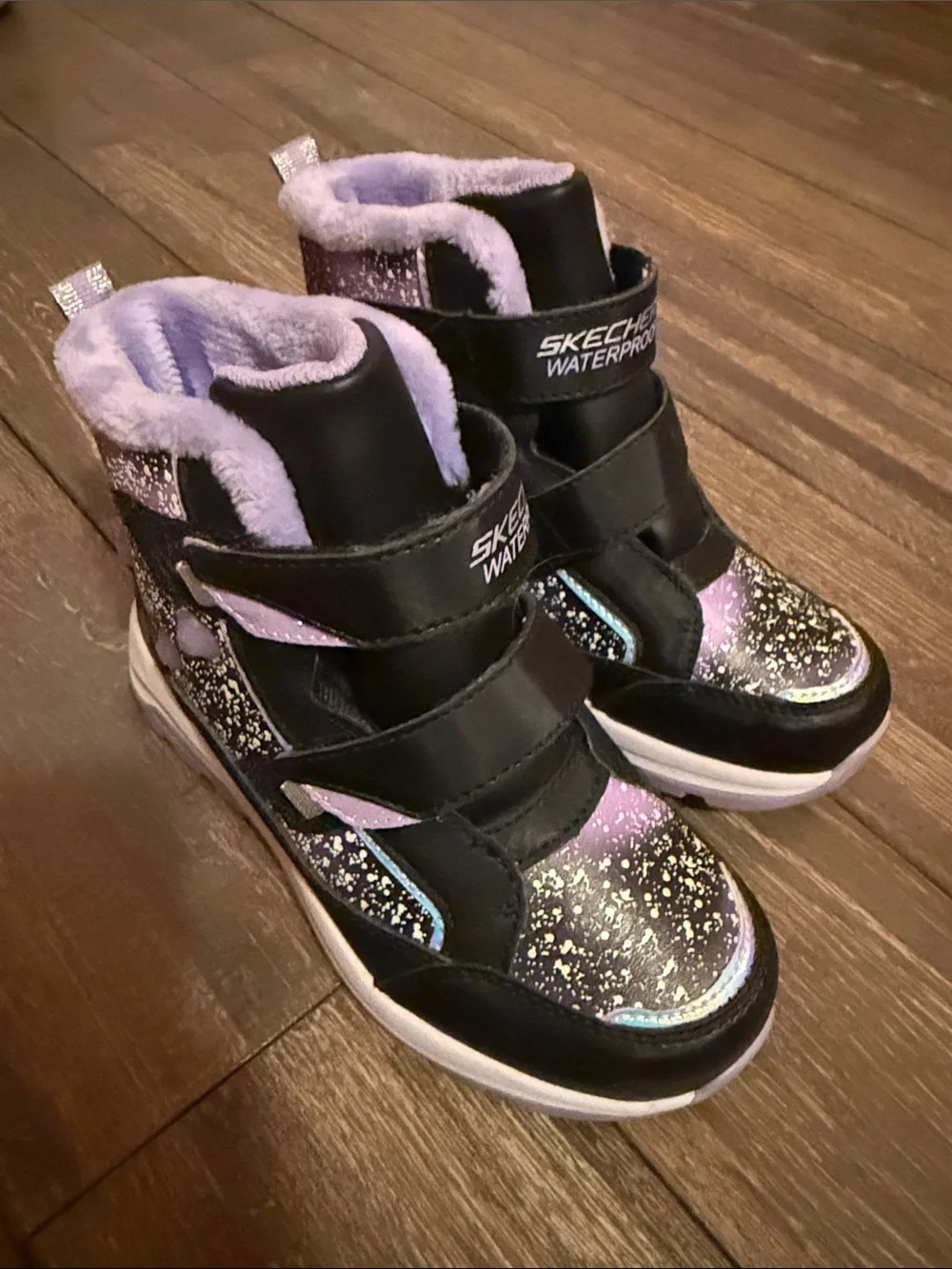 Skechers Girls Black & Purple Sparkle Velcro Winter Boots Light up